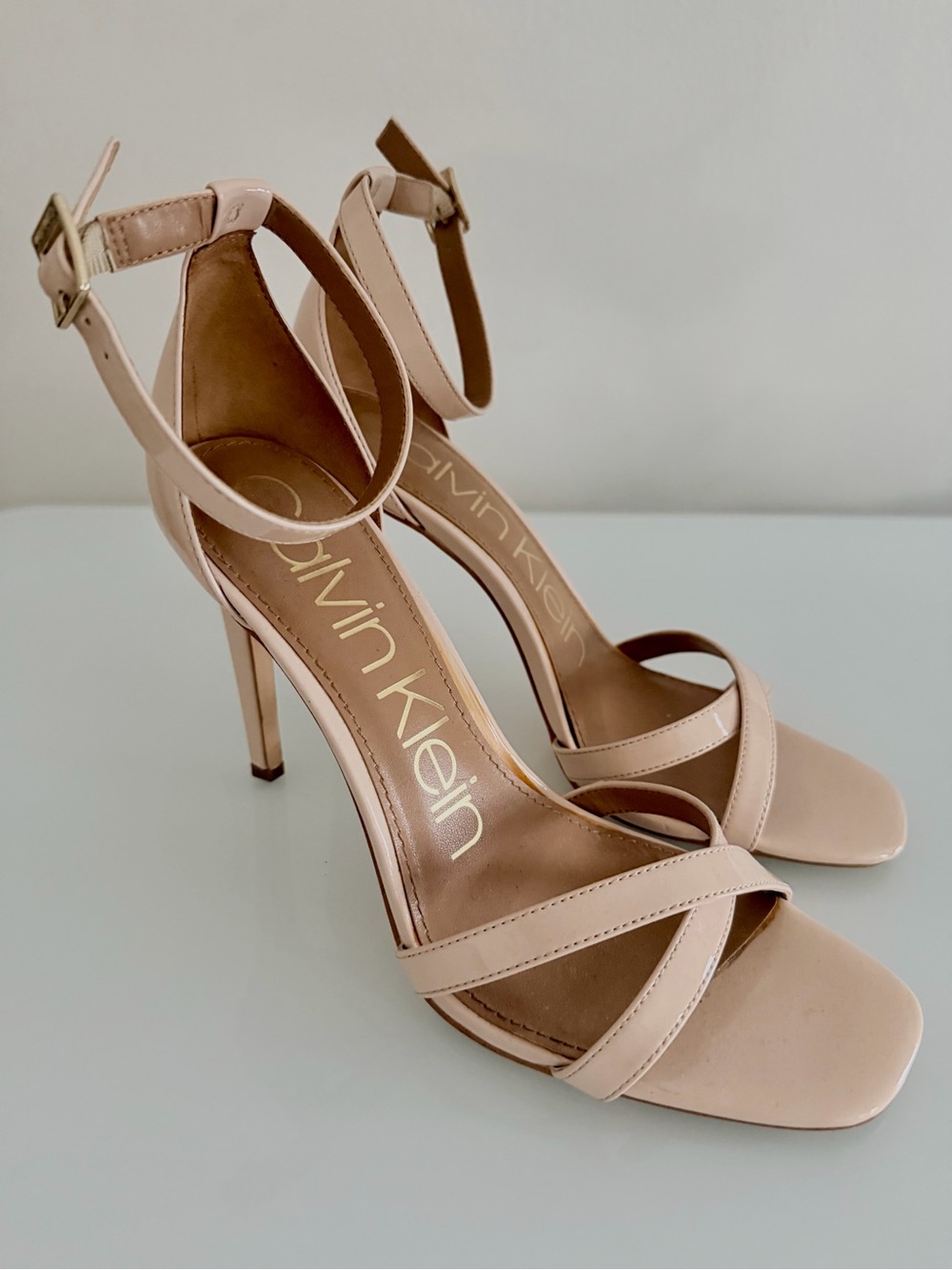Calvin Klein Patent Nude Strappy Ankle-Heel Sandals